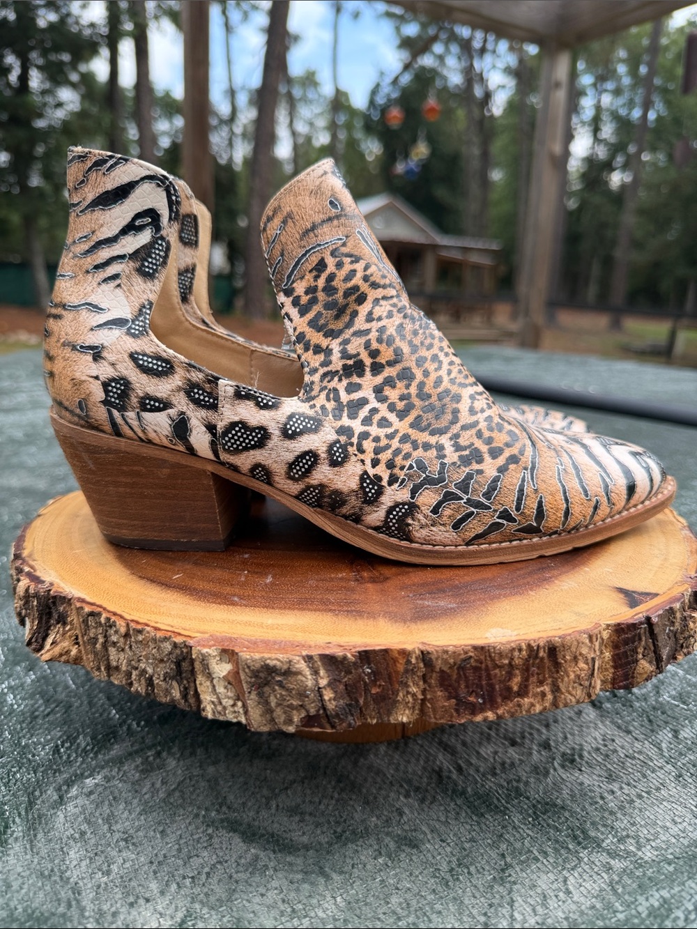 Leopard Print Cutout Western Booties - Tan